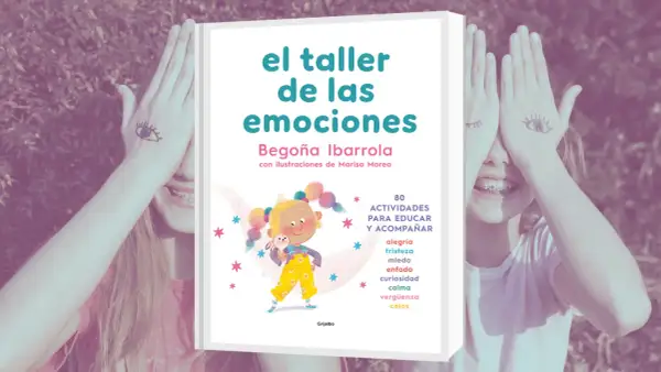 Libro "El taller de las emociones" con actividades para educar y acompañar. Niños cubren sus ojos con manos dibujadas.