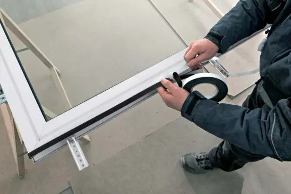 Pose porte fenêtre : application d'un joint d'étanchéité sur le cadre d'une fenêtre en aluminium.