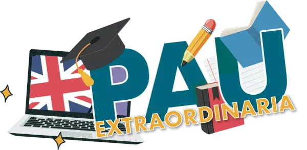 ¡Prepárate para el examen selectividad inglés! Un portátil con la Union Jack, birrete, libros y un lápiz gigante forman la palabra PAU EXTRAORDINARIA.