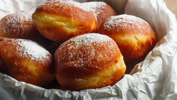 Stary przepis na pączki, które wyglądają jak prosto z babcinej kuchni. Puszyste, złociste, posypane cukrem pudrem.