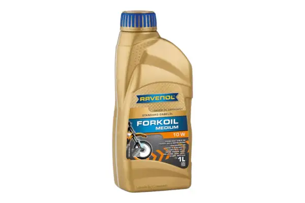 Złota butelka oleju do lag motocyklowych Ravenol Forkoil Medium 10W.