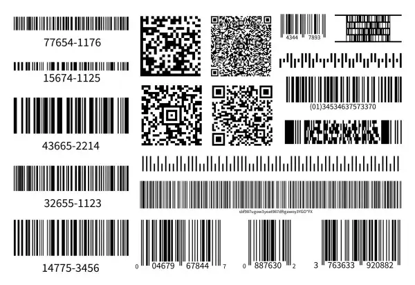 Różne rodzaje kodów QR i kodów kreskowych, od prostych linii po złożone kwadratowe wzory.