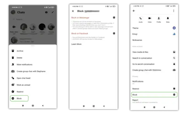 Jak usunąć konto na Messengerze? Zrzuty ekranu pokazują opcje blokowania użytkownika i zarządzania rozmową.