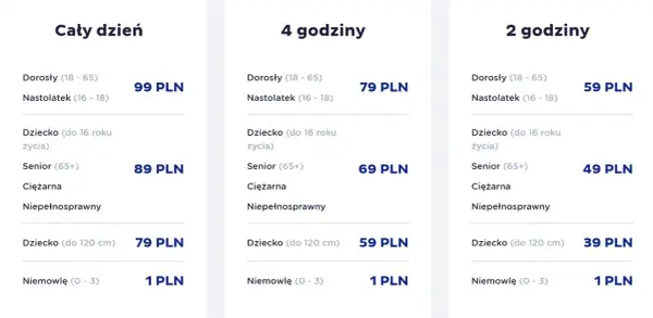 Suntago cennik rodzinny: ceny biletów całodniowych, 4-godzinnych i 2-godzinnych dla dorosłych, nastolatków, dzieci, seniorów i niemowląt.