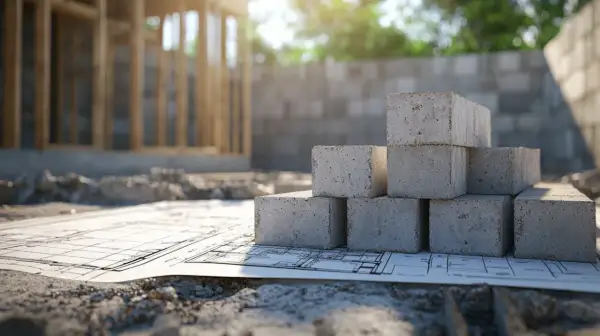 Stos bloczków gazobetonu na planach budowy domu. Wybór materiału: gazobeton czy pustak ceramiczny?