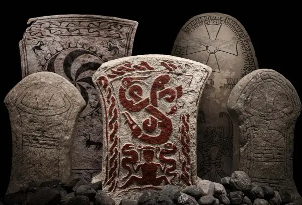 Kamienne stele z pradawnymi runami i zdobieniami. Centralna kamienna płyta ozdobiona jest czerwonymi, wijącymi się wężami i postacią.