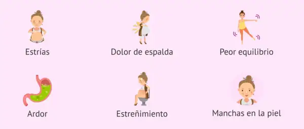 Ilustraciones de síntomas comunes en la semana 24 de embarazo: estrías, dolor de espalda, peor equilibrio, ardor, estreñimiento y manchas en la piel.