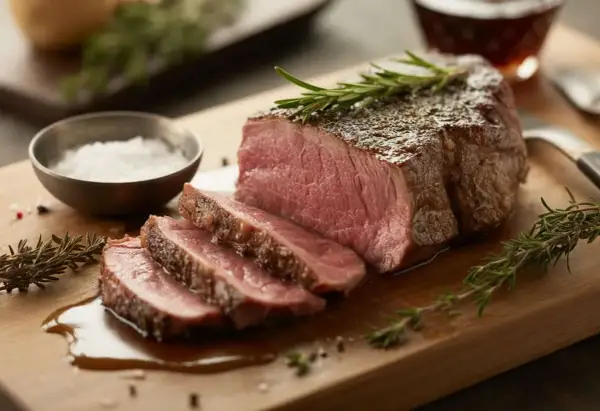 Saftig ryggbiff, perfekt stekt med rosmarin och flingsalt. Ett fantastiskt ryggbiff recept för en lyxig middag.