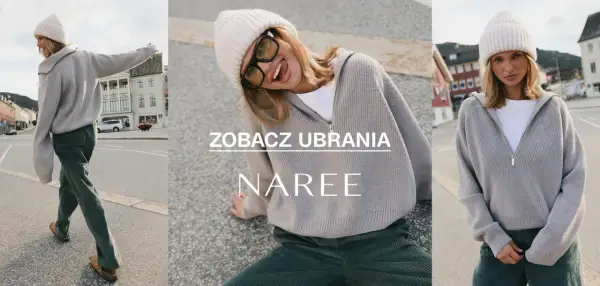Kobieta w czapce i swetrze z wełny merino spaceruje po mieście. Centralna część zdjęcia pokazuje zbliżenie na jej twarz i ubranie.