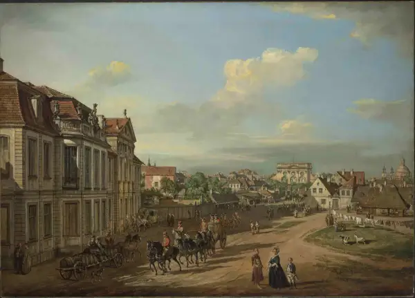 Ulica tętni życiem, wozy z beczkami i eleganckie karoce przemierzają trakt. Bernardo zwany Canaletto uchwycił gwar miasta i jego mieszkańców.