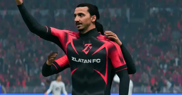 Piłkarz na e-sportowym boisku, Zlatan FC, świętuje zwycięstwo.