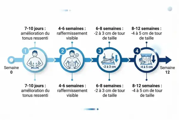 Progression de la perte de centimètres de tour de taille sur 12 semaines. Un contrôle chronotachygraphe de la durée des effets est visible.