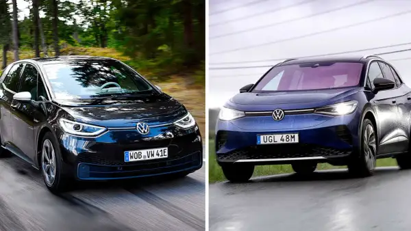 Jämförelse mellan Volkswagen ID.3 och ID.4. Den svarta ID.3 kör på en skogsväg, medan den blå ID.4 möter oss framifrån.