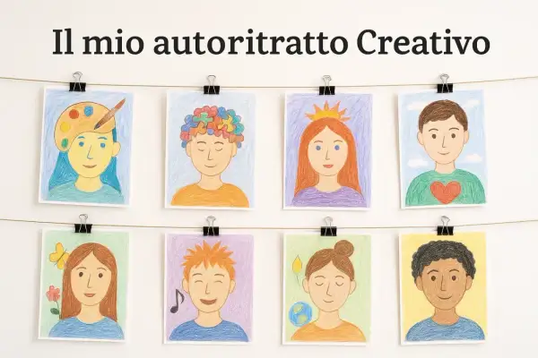 Otto disegni colorati di bambini, ognuno con un simbolo che rappresenta la sua personalità. Un autoritratto creativo di idee e sogni.