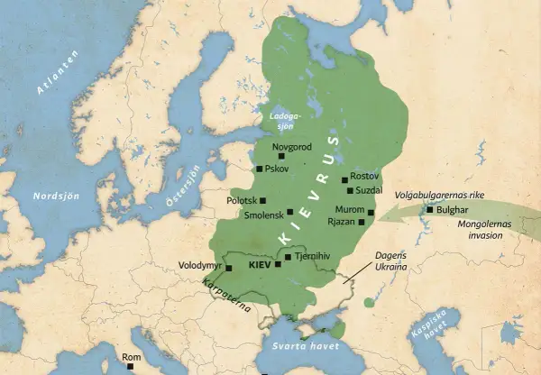 Karta över Kievriket, en viktig del av Ukrainas historia. Området sträcker sig från Östersjön till Svarta havet, med städer som Kiev och Novgorod.