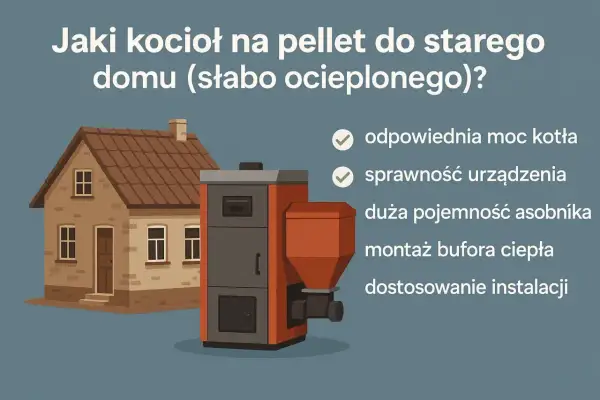 Jaki piec do domu 100m2 stare budownictwo? Ilustracja przedstawia kocioł na pellet i dom, sugerując wybór odpowiedniego ogrzewania.