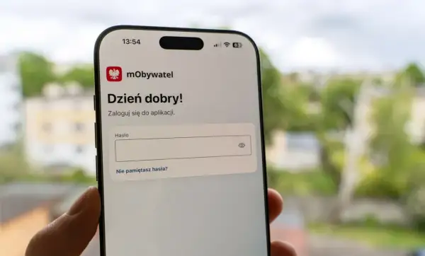Ekran logowania aplikacji mObywatel. Dzień dobry! Zaloguj się do aplikacji. Pole na hasło.