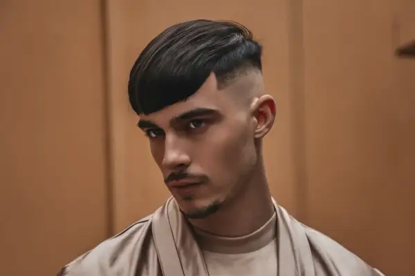 Un jeune homme au regard intense arbore une coupe de cheveux audacieuse : un dégradé haut homme avec une frange asymétrique.