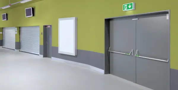 Drzwi ewakuacyjne z zielonym znakiem wyjścia. Zamknięte drzwi ewakuacyjne to kara, która może kosztować życie.