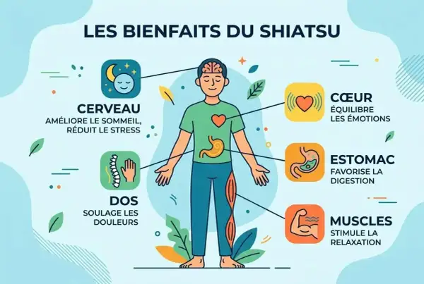 Le shiatsu, c'est quoi ? Une illustration montre les bienfaits du shiatsu pour le cerveau, le dos, le cœur, l'estomac et les muscles.