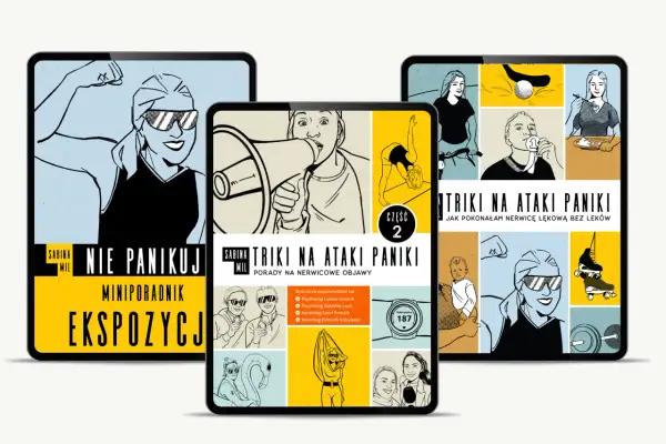 Grafiki na ekranach tabletów promują poradniki o radzeniu sobie z częste ataki paniki. Widać rysunki kobiet, ćwiczących, pijących i z megafonem.
