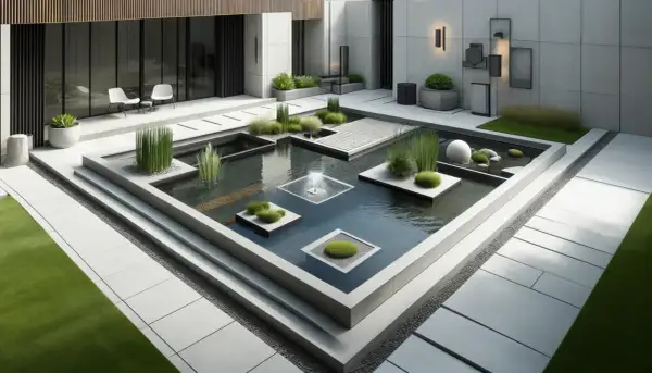 Un paisible pièce d'eau moderne avec des jets d'eau, des îlots végétaux et une sphère blanche, entouré de dalles grises et de verdure.
