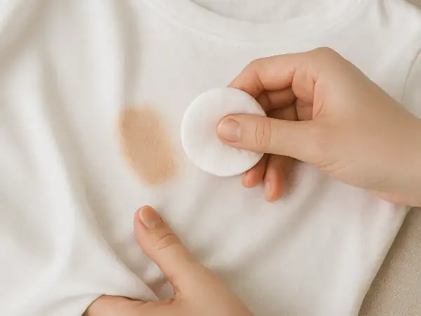 Mano aplicando disco de algodón sobre mancha de maquillaje en camiseta blanca. Aprende como quitar manchas de maquillaje de la ropa.
