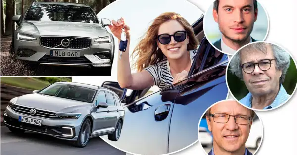 Glad kvinna med bilnycklar, Volvo och VW Passat. Experter diskuterar troligen bensinsnålaste bilen.