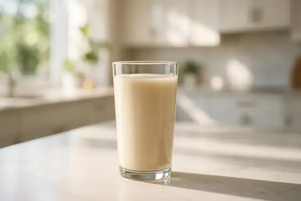 Un bicchiere di bevanda cremosa, ideale per integrare proteine isolate o concentrate, su un tavolo in cucina.