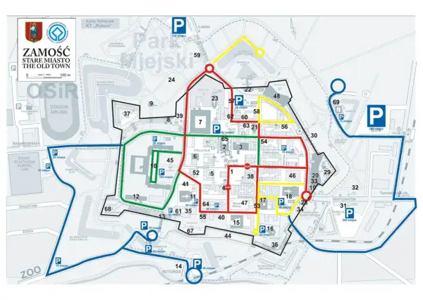 Mapa Zamościa z zaznaczonymi trasami spacerowymi i parkingami. Odkryj **Zamość atrakcje** i zaplanuj zwiedzanie.
