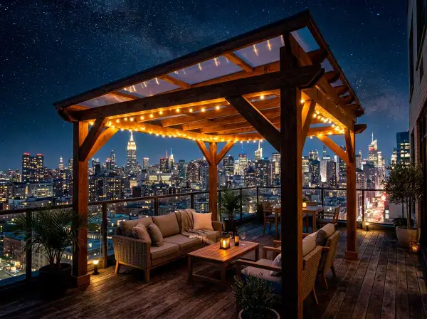 Terraza con pérgola fotovoltaica, muebles de exterior y vistas nocturnas de la ciudad.