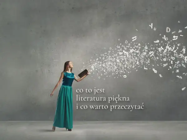Dziewczyna w sukni wypuszcza z książki litery, tworząc wir słów. To inspiracja do odkrywania literatury pięknej.