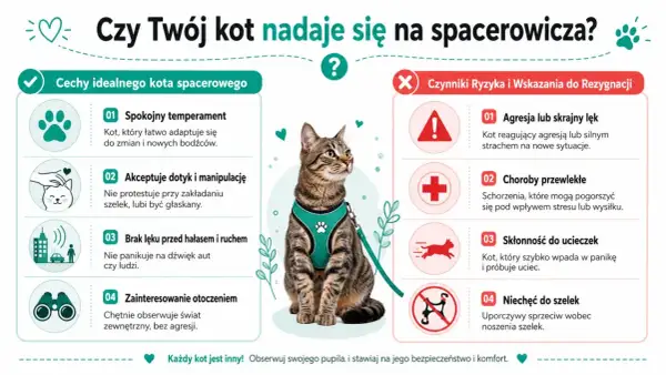Kot w szelkach na smyczy, obok wskazówki, jak oswoić kota z podwórka: cechy idealnego spacerowicza i czynniki ryzyka.