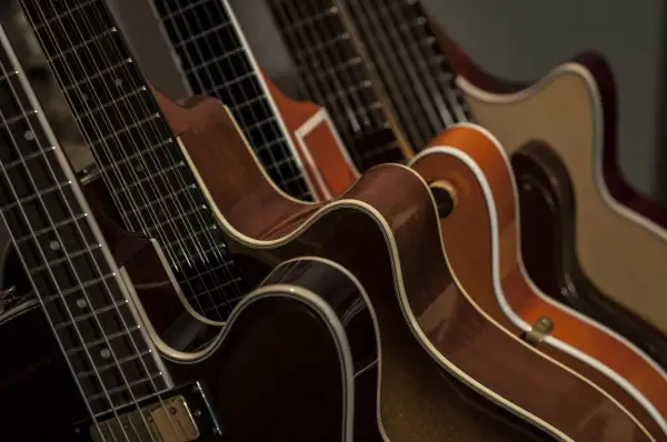 Rząd gitar z drewna, w tym 12-strunowa, świadczy o kunszcie francuskiego producenta gitar.