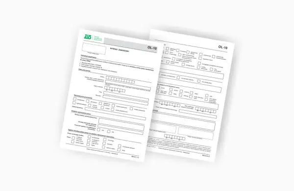 Formularz ZUS OL-10 z polami do wypełnienia, dotyczący wywiadu zawodowego.