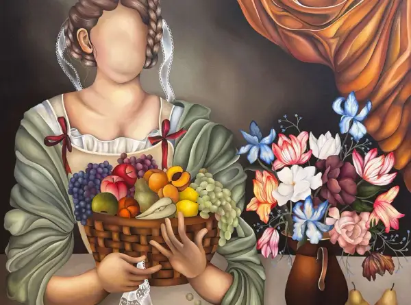 A faceless figure holds a basket of fruit, a vibrant bouquet beside them. This artwork showcases the talent of up and coming artists.