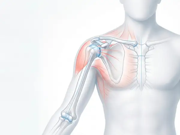 Schulteransicht mit Knochen und Muskeln, der musculus deltoideus ist rot hervorgehoben.