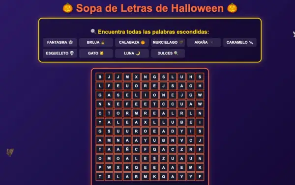 Sopa de letras infantil de Halloween con palabras como fantasma, bruja y dulces. ¡A buscar!