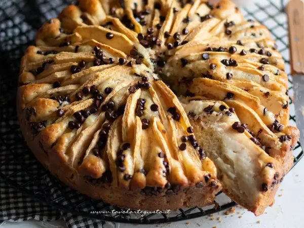 Una deliziosa torta di mele e cioccolato, con fette di mela disposte a raggiera e gocce di cioccolato fondente.