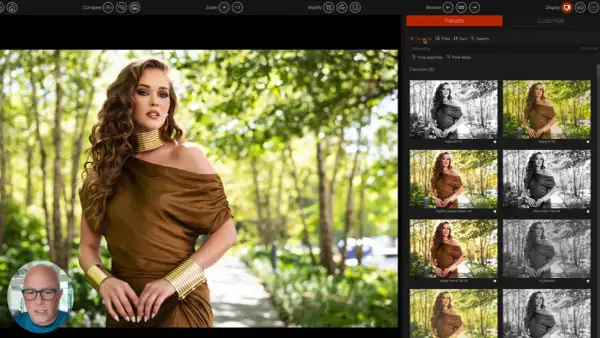 A woman in a brown dress and gold jewelry poses outdoors, with a grid of photo editing presets on the right.