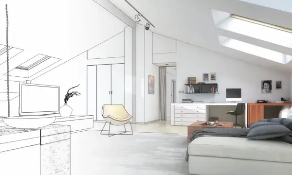 Idee per una camera da letto in mansarda: un ambiente moderno con scrivania, divano e lucernari.