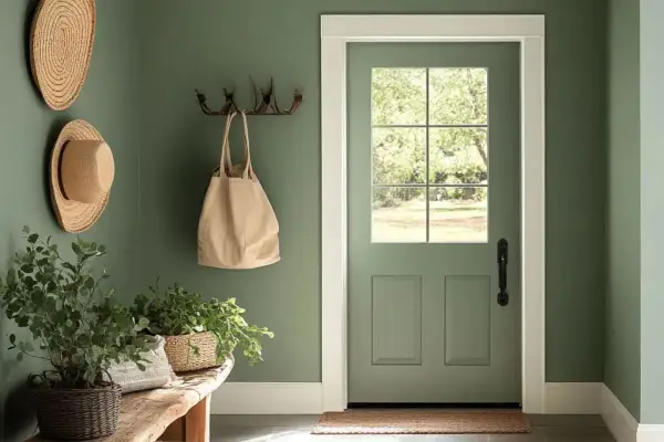 Entrada acogedora con paredes verde salvia, sombreros de paja, plantas y puerta de cristal. ¡Excelentes trucos para pintar paredes!