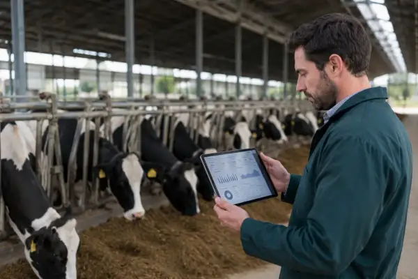 Uomo con tablet in una stalla di mucche, monitora dati zootecnici per ottimizzare la produzione.
