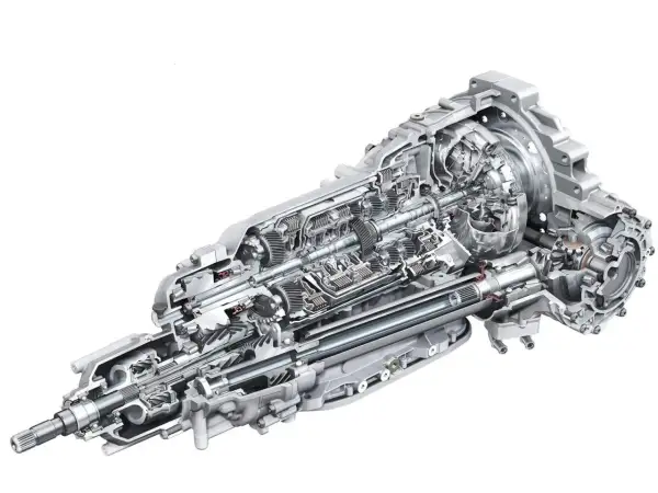 Przekładnia z mechanizmem różnicowym torsen, pokazująca skomplikowane koła zębate i wały napędowe.