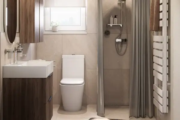 Modernes Bad gestalten: WC, Waschbecken mit Holzunterschrank, Dusche mit Vorhang und Handtuchwärmer.
