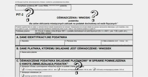Formularz PIT-2 do obliczania miesięcznych zaliczek na podatek dochodowy od osób fizycznych.
