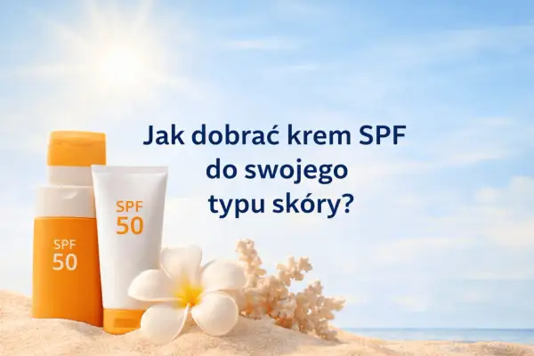Kremy SPF 50 na plaży, chroniące przed szkodliwym promieniowaniem UV. Słońce świeci jasno na niebie.