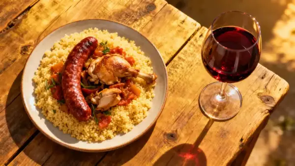 Un verre de vin rouge accompagne un plat de couscous avec poulet et merguez, prêt à être dégusté.
