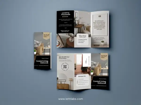 A trifold template for Haven & Home, showcasing furniture and home decor. Offers 15% off first orders and highlights community benefits.