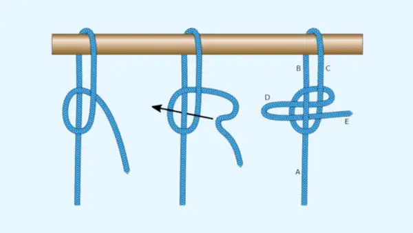 Illustration zeigt verschiedene knoten arten, wie ein Seil um einen Stab geschlungen wird.